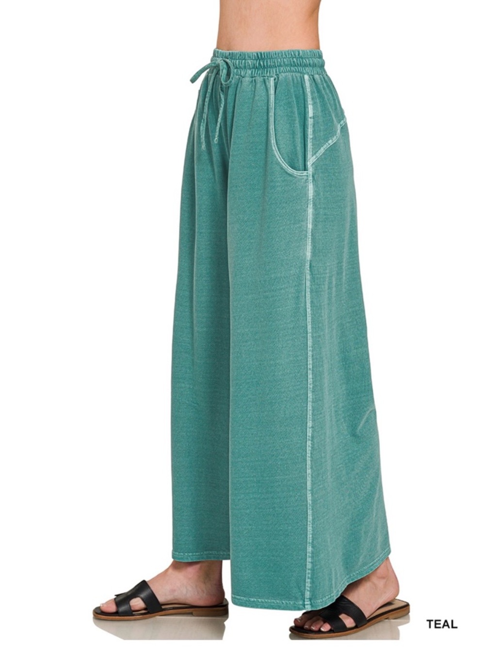 Zenana Teal Cotton Washed French Terry Wide Leg Pants S M L - Picture 3 of 5